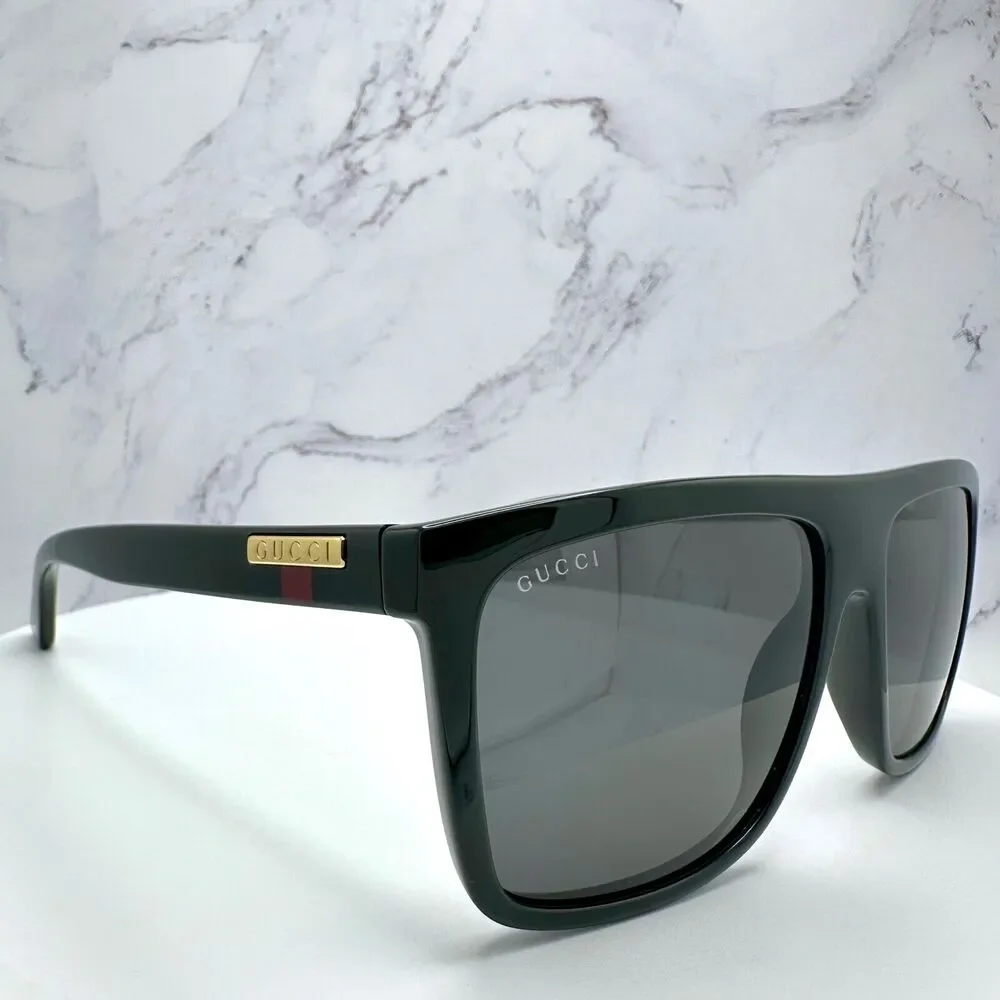 New GUCCI Sunglasses Black Square Aviator Gold Plate Engraved Logo Web Arm GUCCI